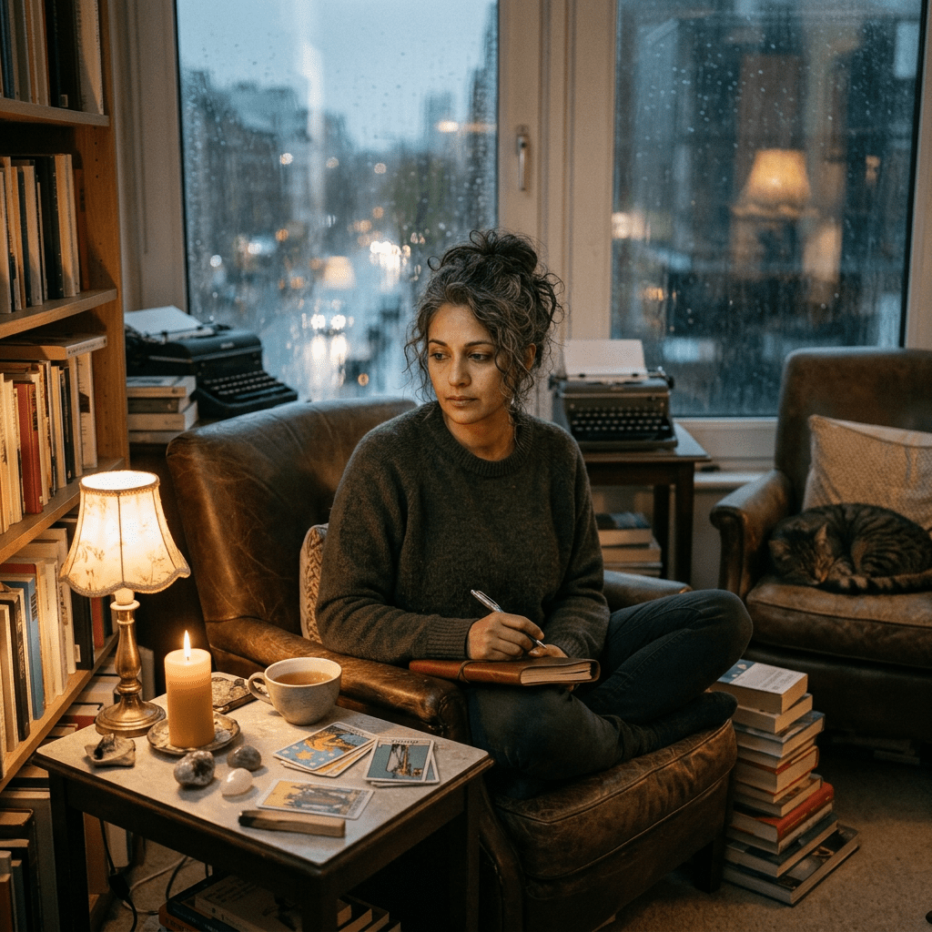 Woman sitting in armchair writing in journal with tarot cards on table