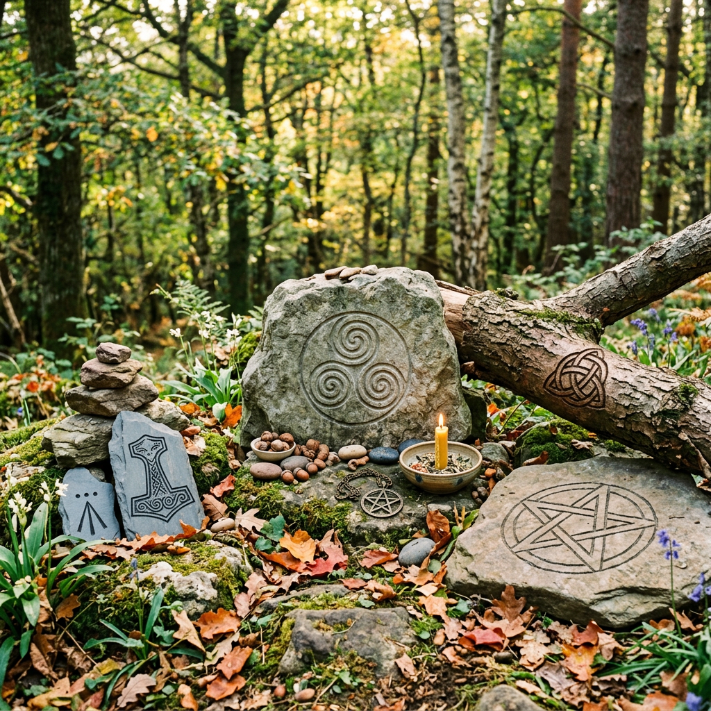 Stone altar with Celtic spirals, a pentagram, runes, candle, and natural elements in forest