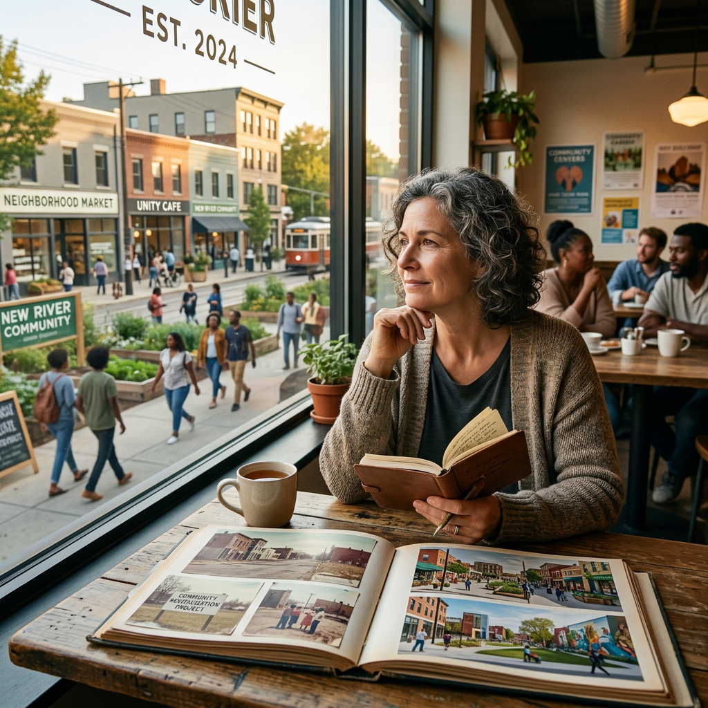 Woman reading a book by cafe window with community photo album and street view