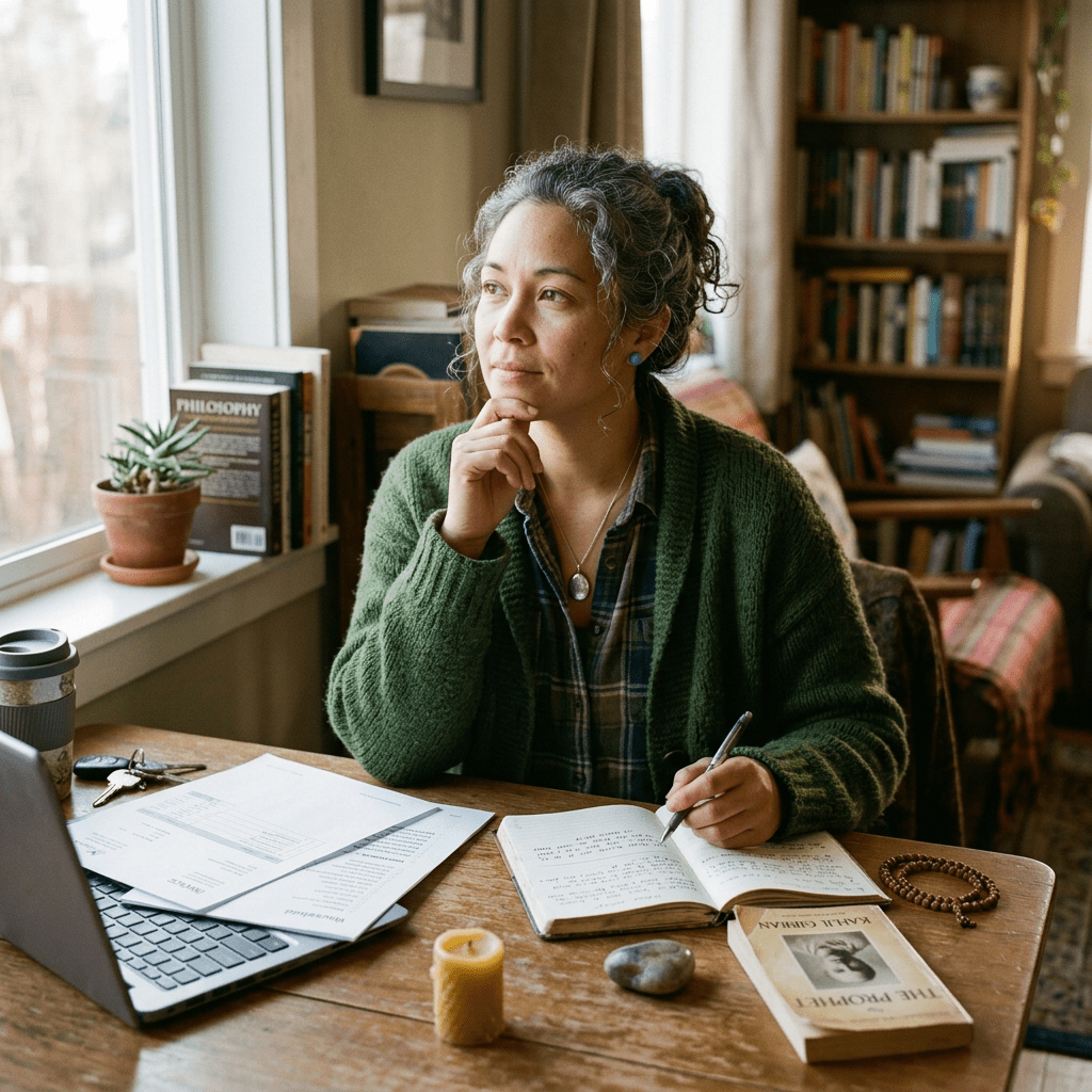 Woman sitting at wooden desk with open notebook, book, laptop, and papers, looking out window thoughtfully