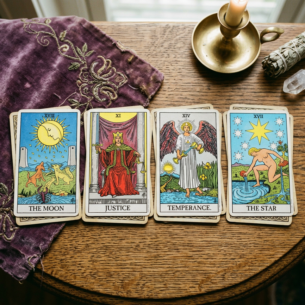 Tarot cards The Moon, Justice, Temperance, and The Star on a wooden table with a candle and sage bundle