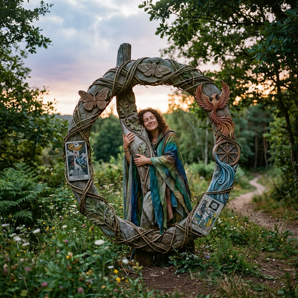 Woman hugging a large circular wooden sculpture decorated with butterflies, phoenix, and tarot cards in a green forest clearing