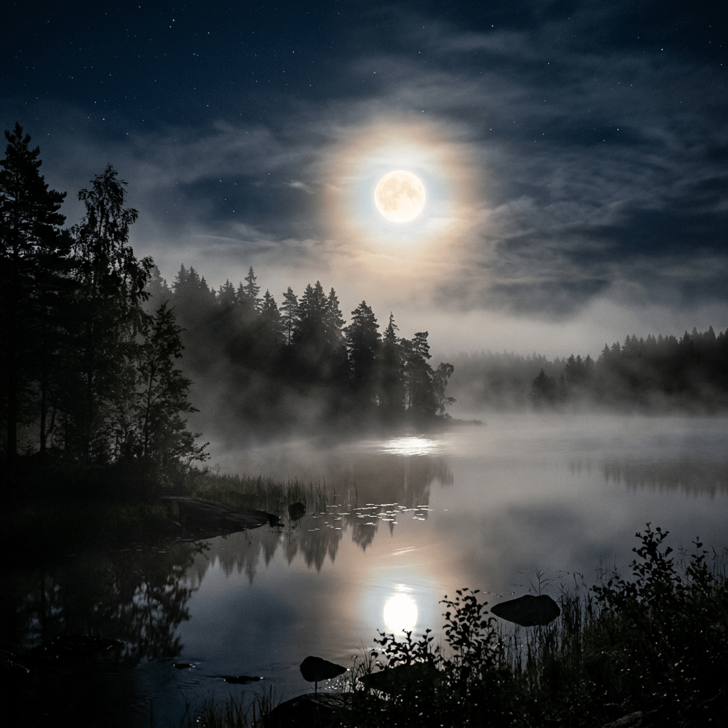 Full moon glowing brightly over a mist-covered forest lake at night with reflections
