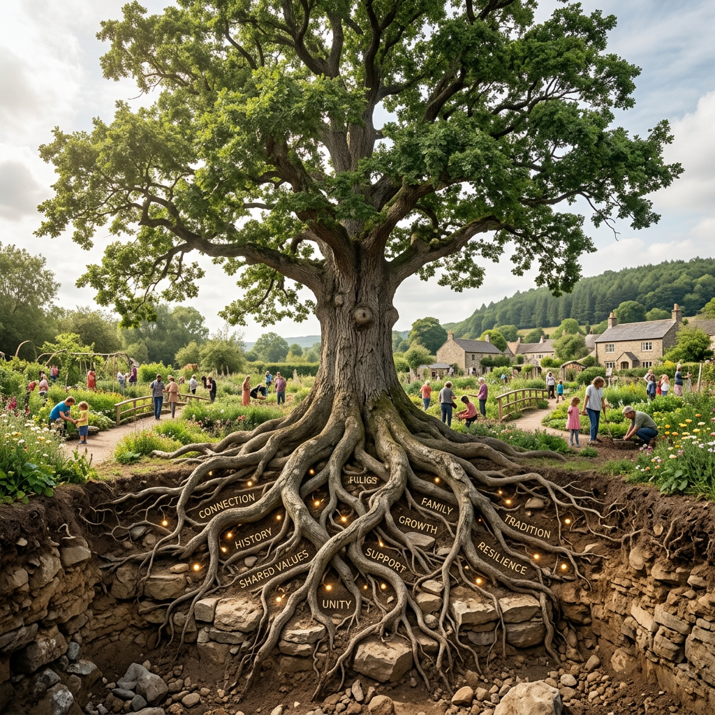 Large tree with roots labeled connection, history, shared values, unity, support, family, growth, resilience, tradition