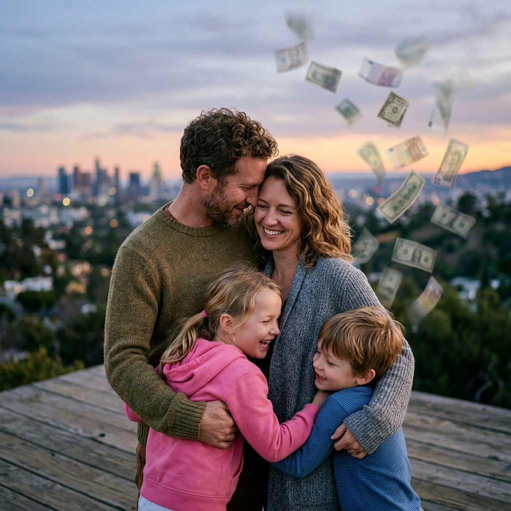 Family of two adults and two children hugging happily outdoors with banknotes flying in the background