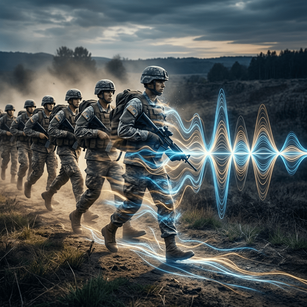 Soldiers marching blending into balanced sound waves