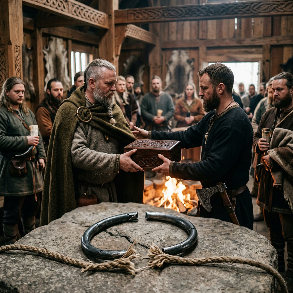 Two bearded Viking men exchanging a carved wooden box in a hall with onlookers