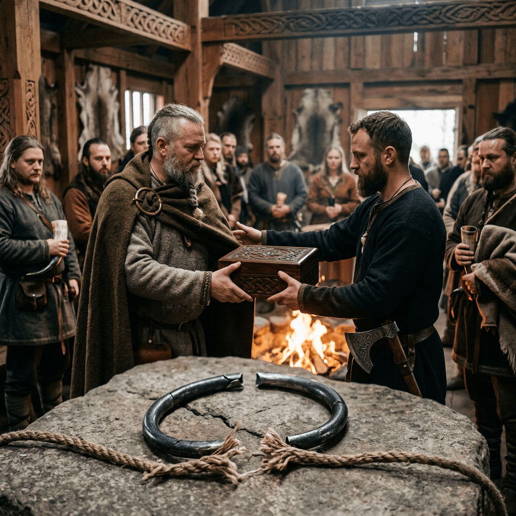 Two bearded Viking men exchanging a carved wooden box in a hall with onlookers