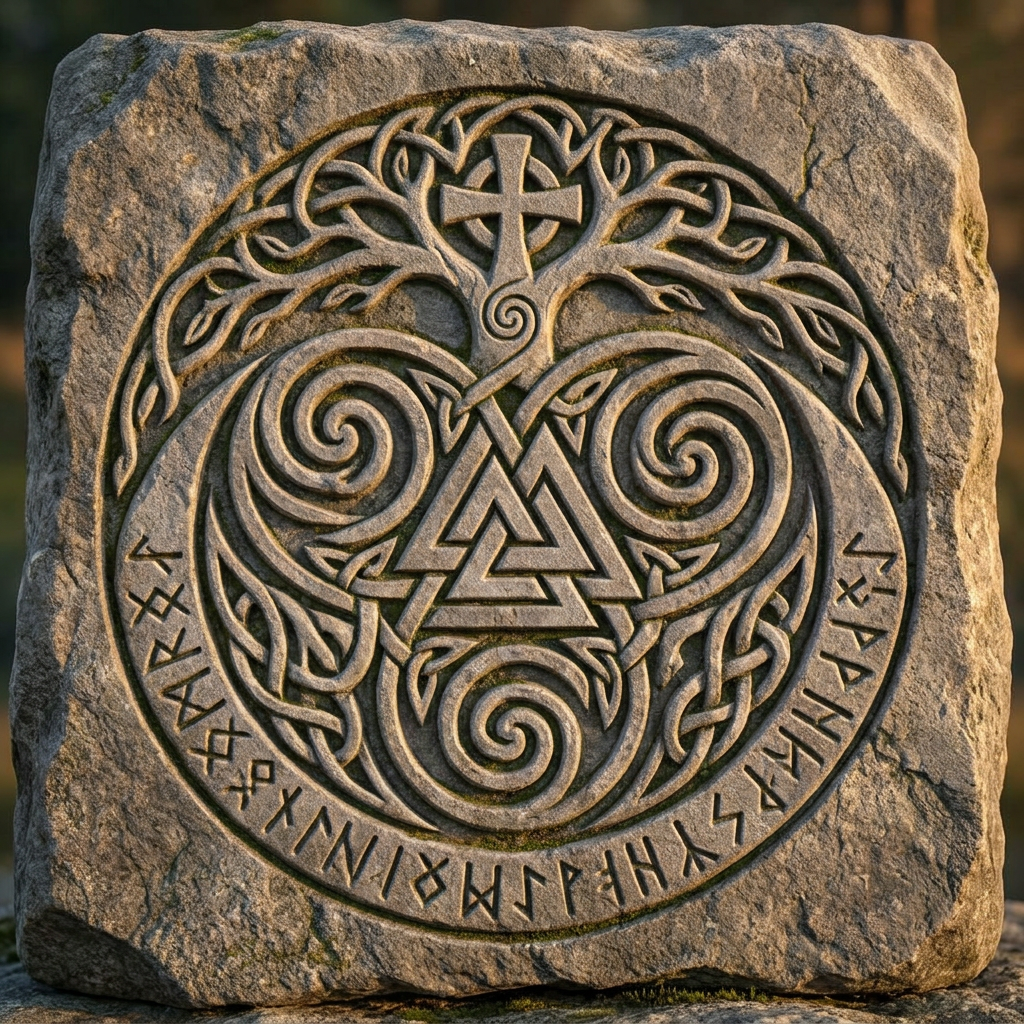 Stone carving with Norse symbols including a Valknut, tree, cross, and runes
