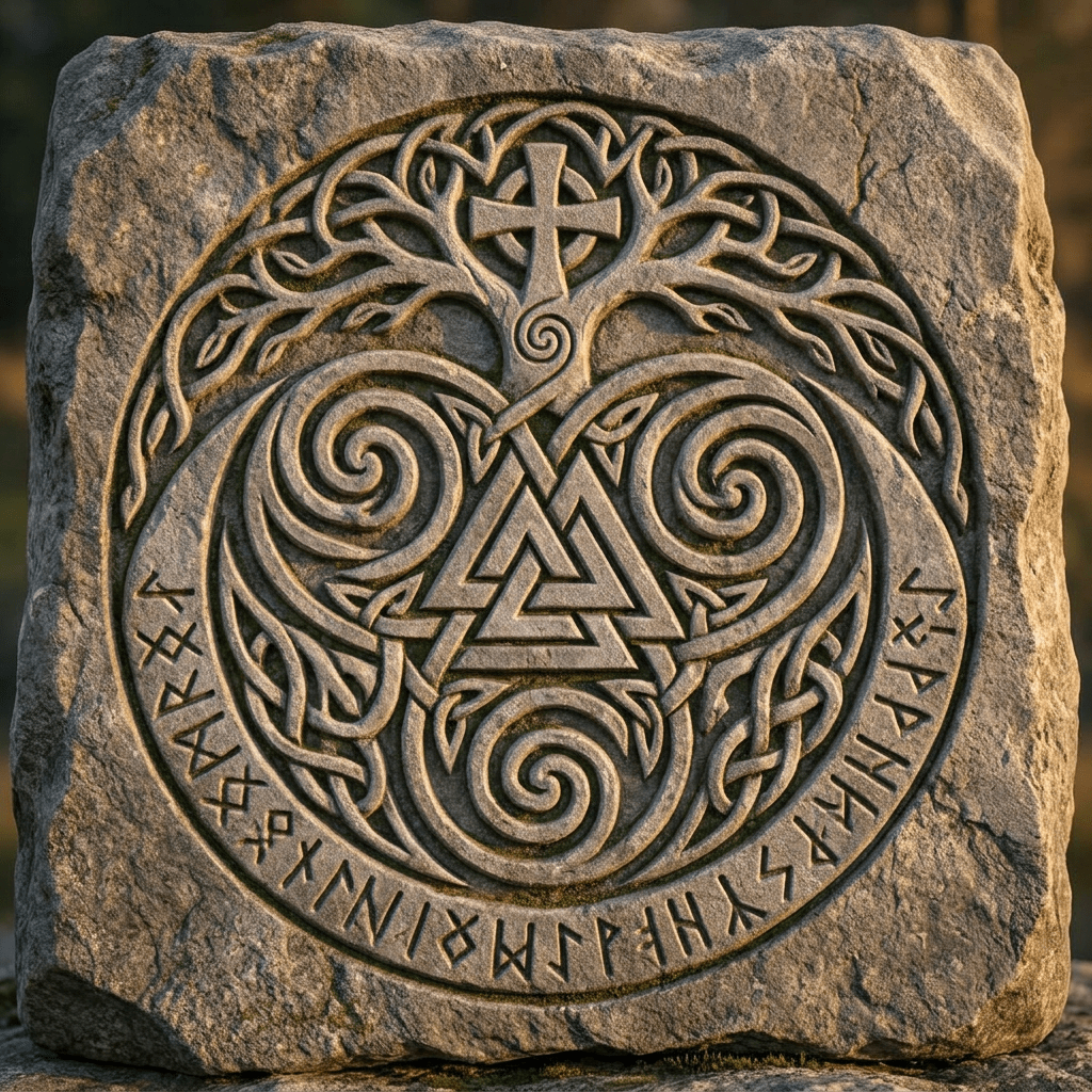 Stone carving with Norse symbols including a Valknut, tree, cross, and runes