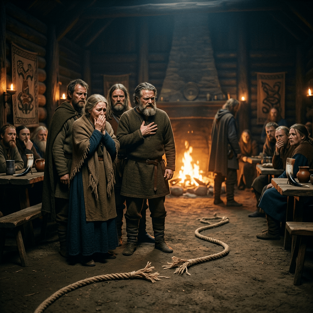 Group of Viking-era villagers gathered in wooden hall, looking distressed by broken rope on floor