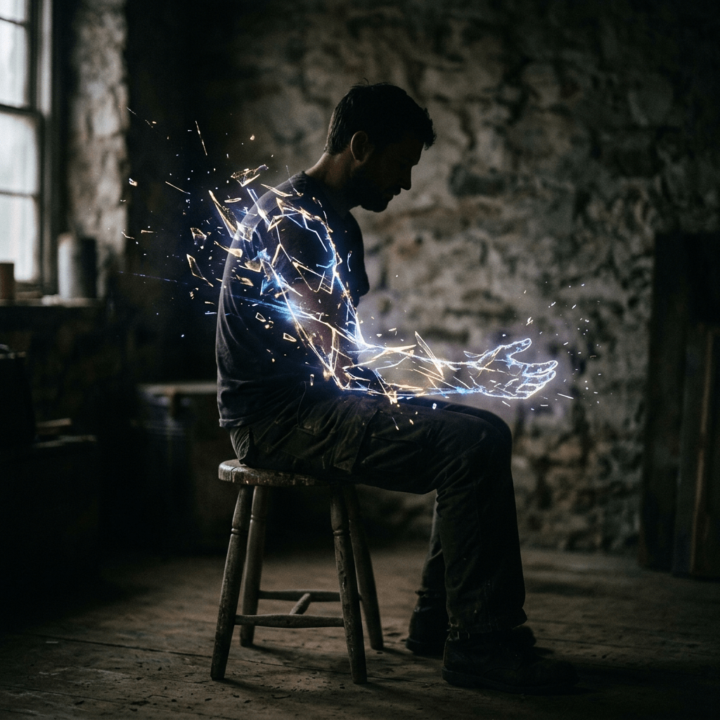A man sitting on a wooden stool with a glowing digital arm hologram extending from him