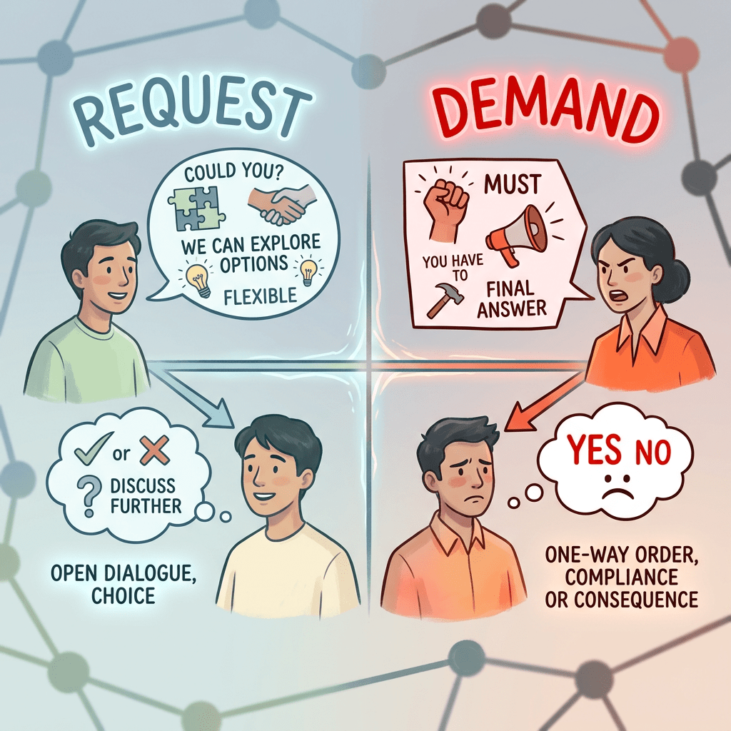 Illustration comparing request and demand communication styles with people talking and thinking about dialogue or compliance.