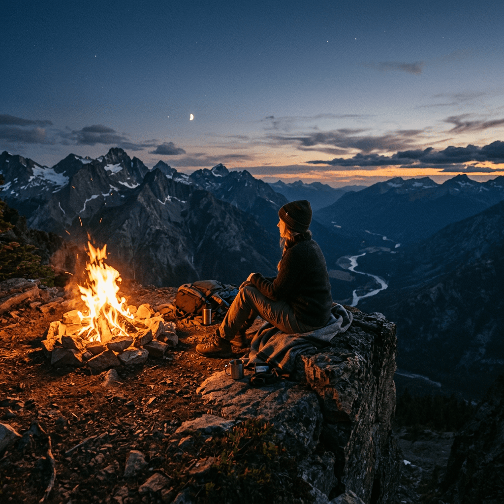 Person sitting by campfire on mountain cliff with snow-capped peaks and river valley at twilight
