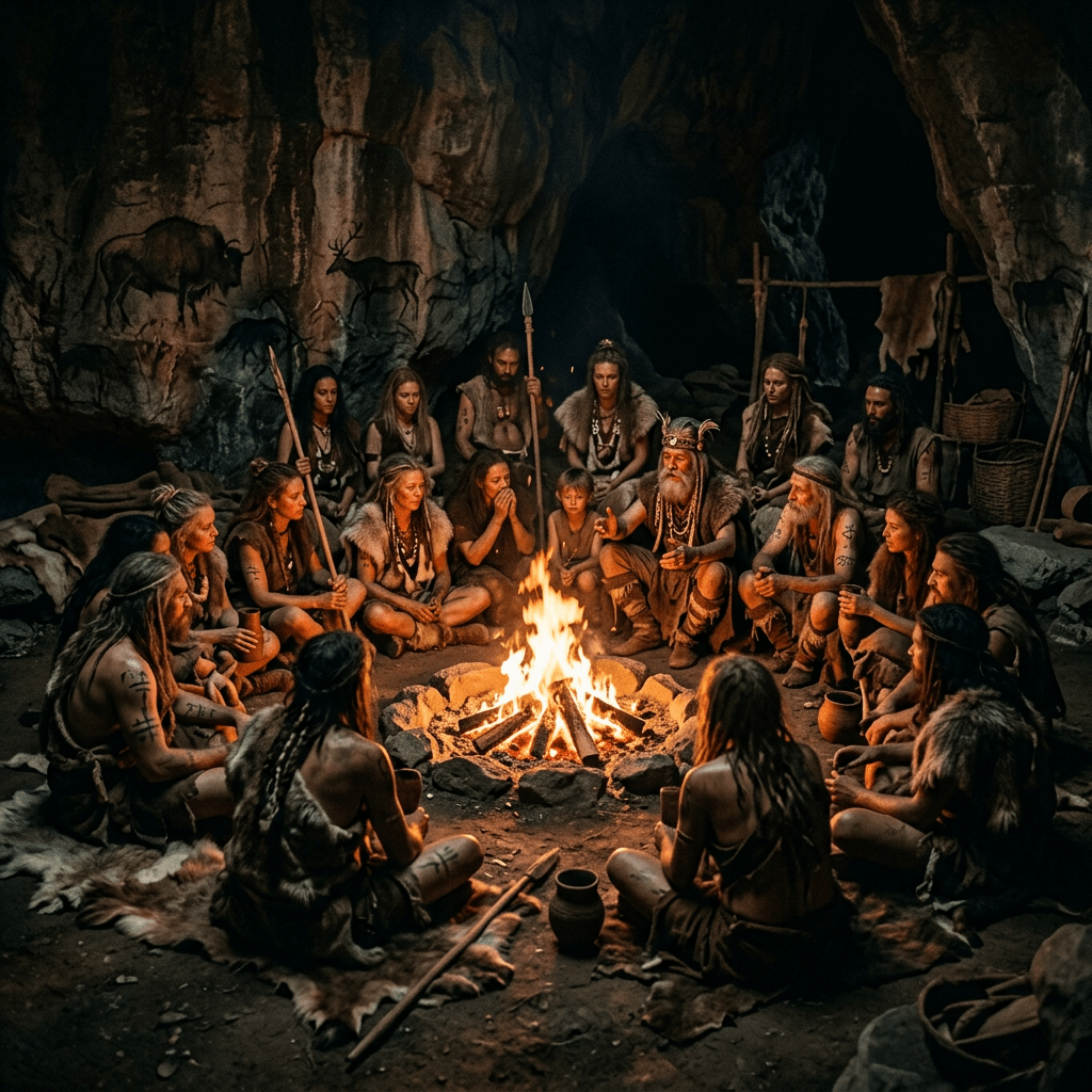 Group of prehistoric people sitting around a campfire in a cave with animal paintings on walls