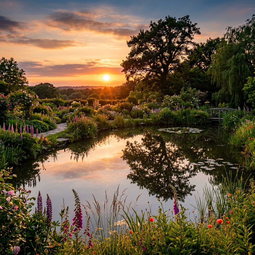 Sunset over a pond in a flower-filled garden with trees and a small wooden bridge