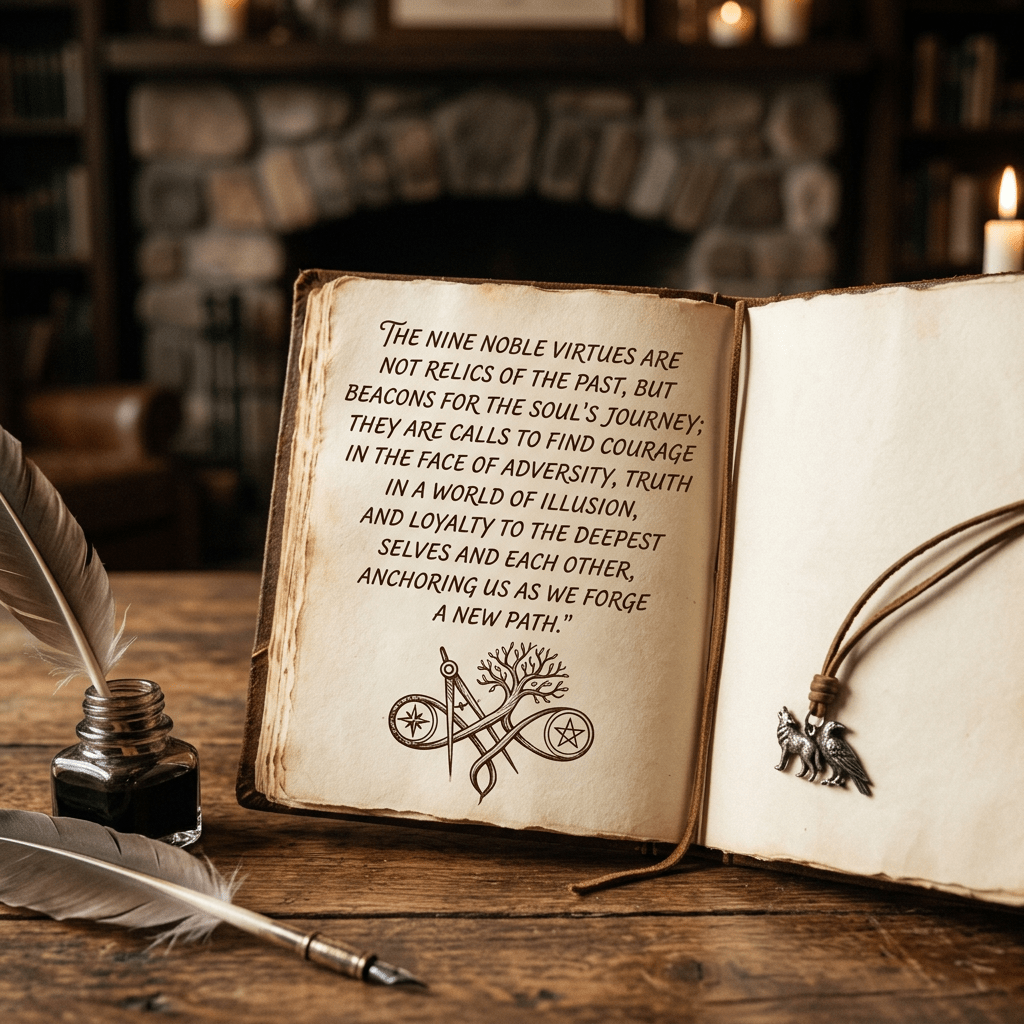 Open aged book with a quote about the Nine Noble Virtues and symbols, feather quill in ink pot, and pendant on wooden table