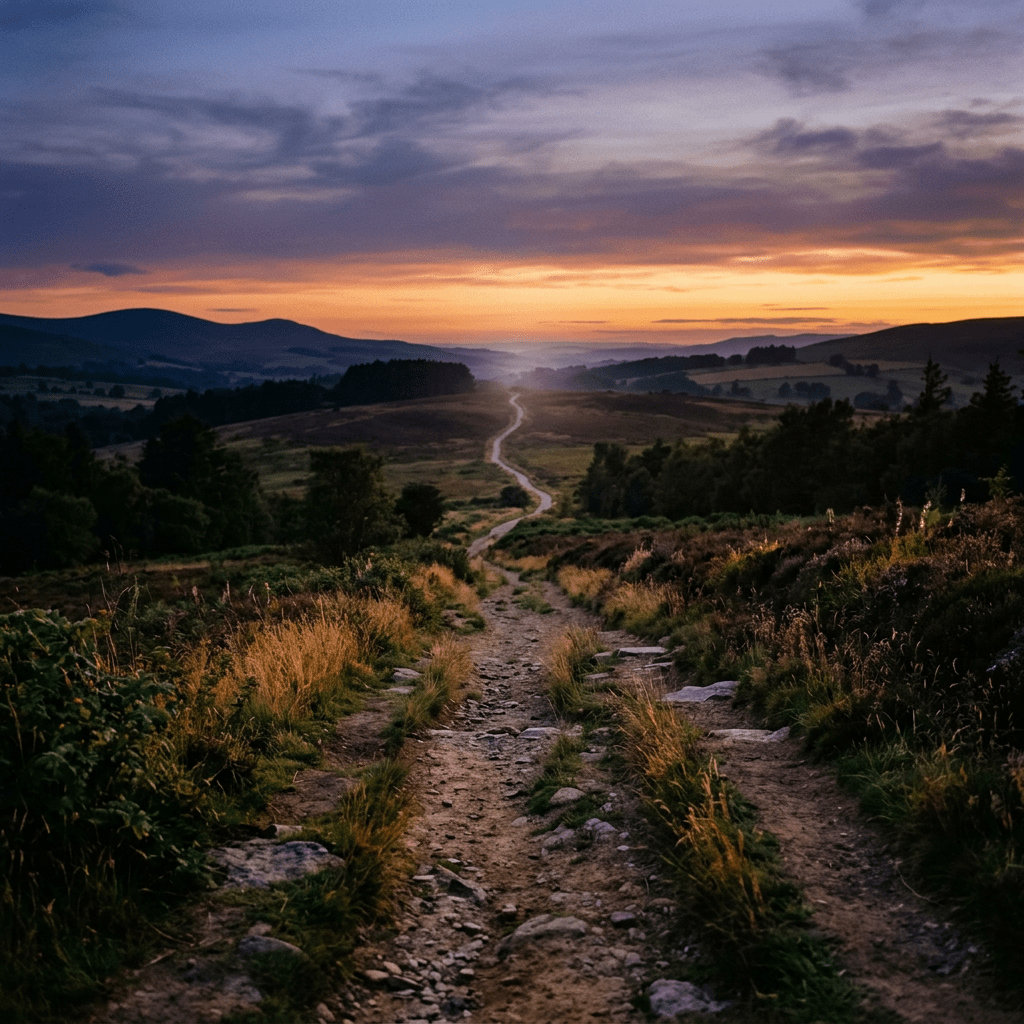 Winding dirt path through grassy fields and bushes under a colorful sunset sky