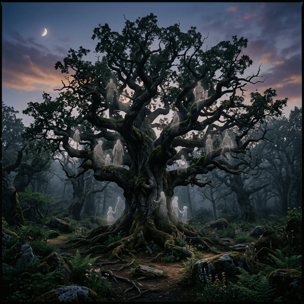Large ancient tree with multiple glowing ghostly human figures on branches in a misty forest at twilight