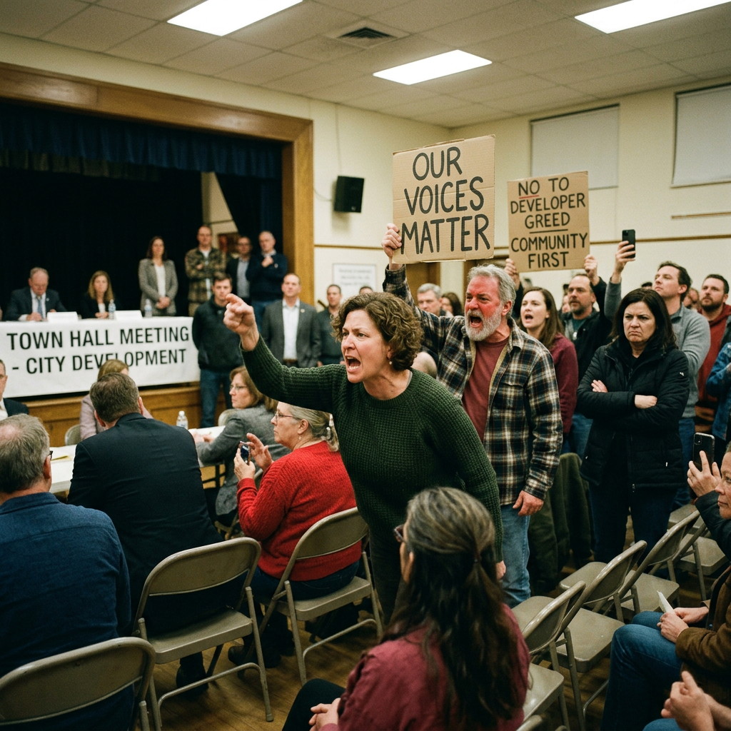 People protesting at a town hall meeting holding signs saying Our voices matter and No to developer greed community first