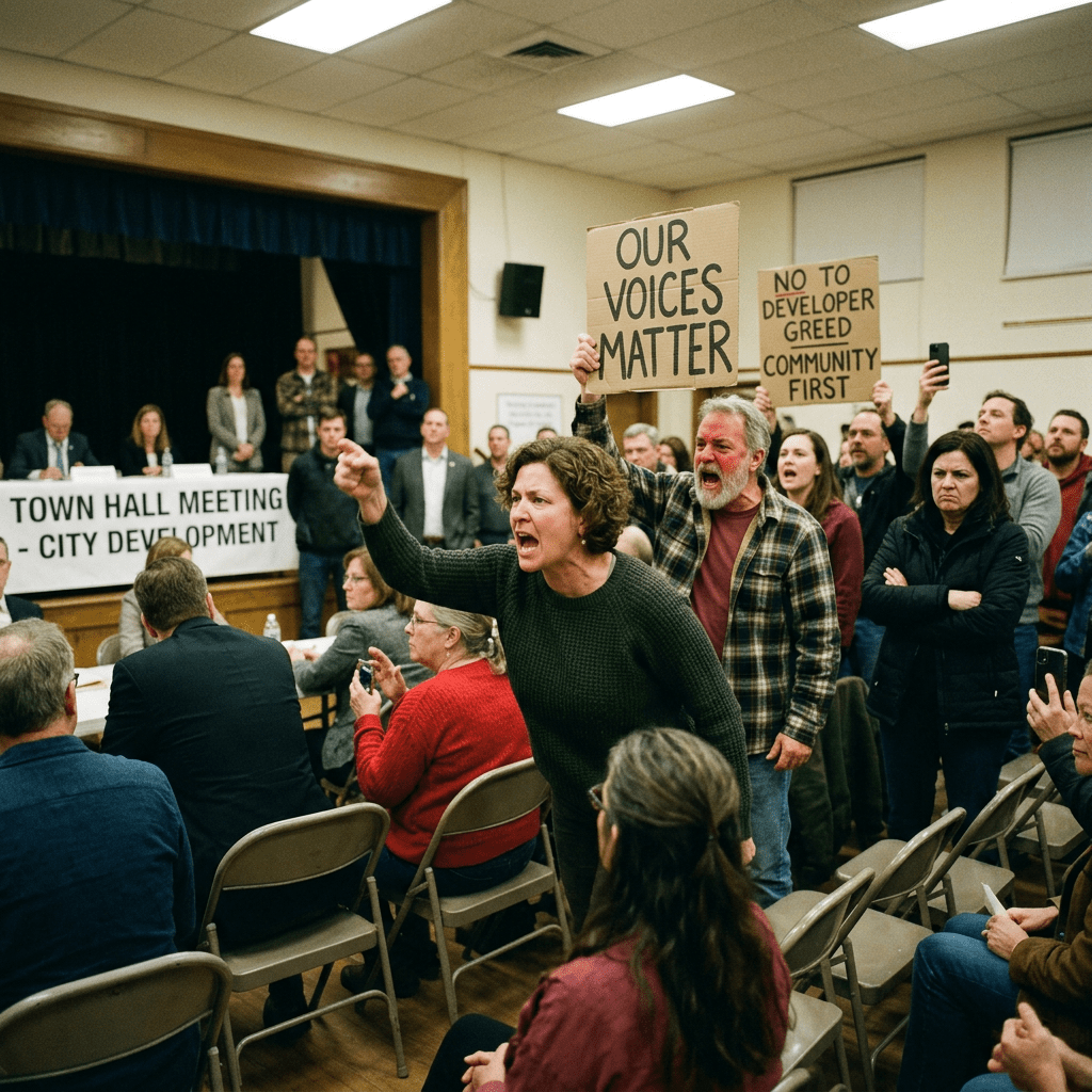 People protesting at a town hall meeting holding signs saying Our voices matter and No to developer greed community first