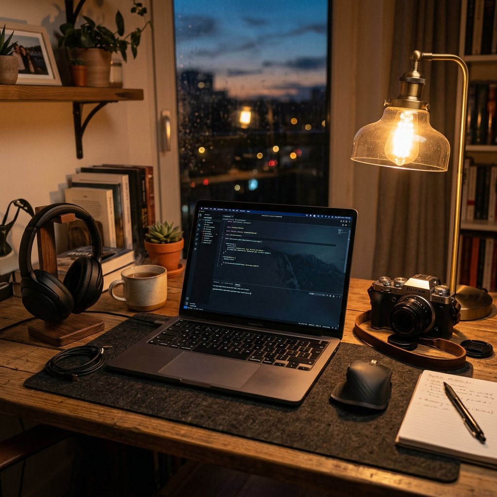 Laptop showing code on desk with headphones, coffee, camera, and notebook