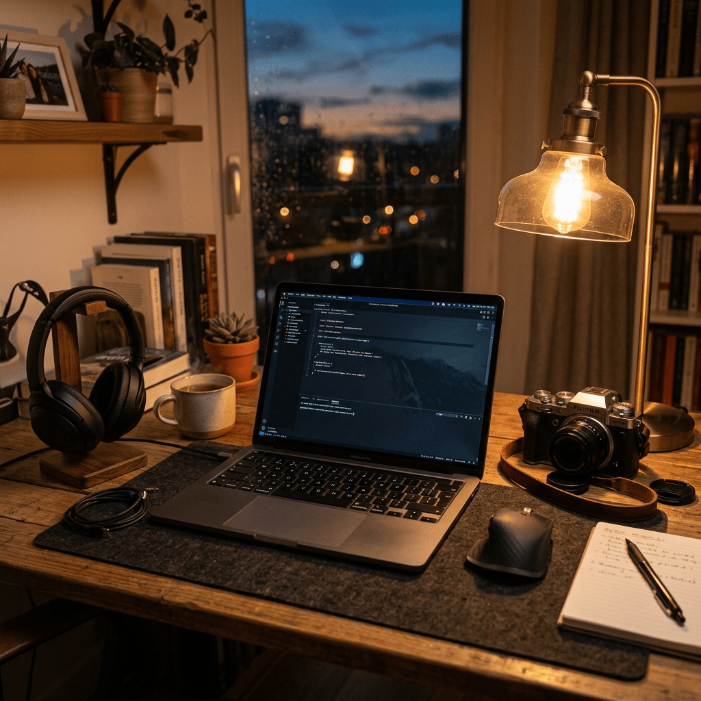 Laptop showing code on desk with headphones, coffee, camera, and notebook