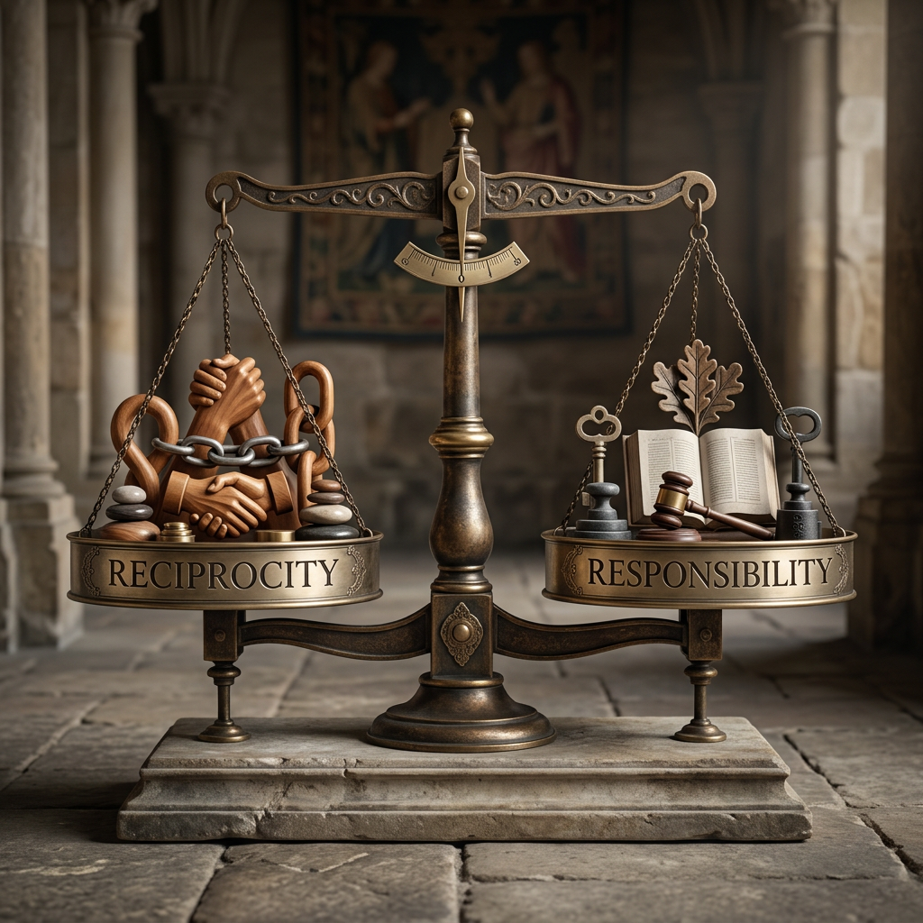 A vintage scale balancing symbols of reciprocity on one side and responsibility on the other