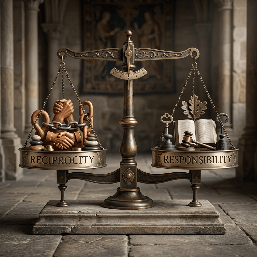 A vintage scale balancing symbols of reciprocity on one side and responsibility on the other