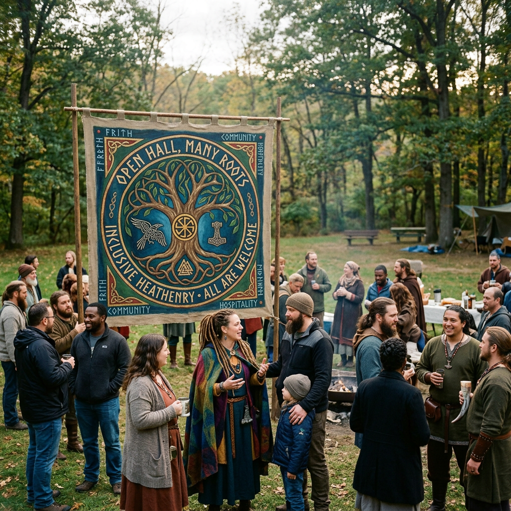 Group of people socializing outdoors around a banner reading 'Open Hall, Many Roots Inclusive Heathenry All Are Welcome'