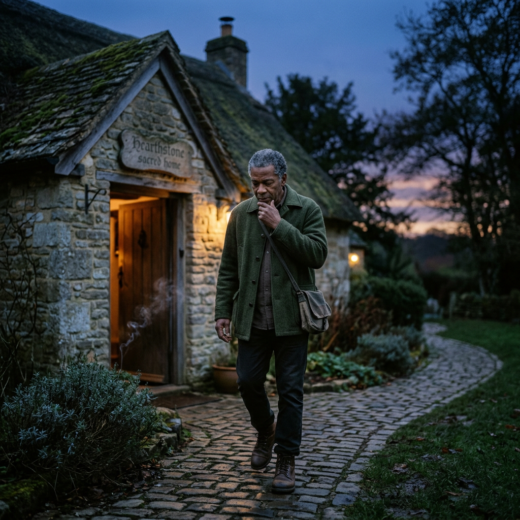 Man walking on cobblestone path outside stone cottage with lit entrance at dusk