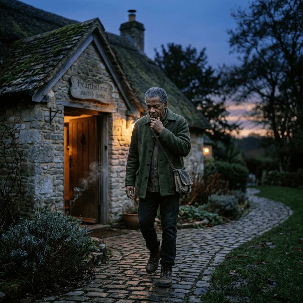 Man walking on cobblestone path outside stone cottage with lit entrance at dusk