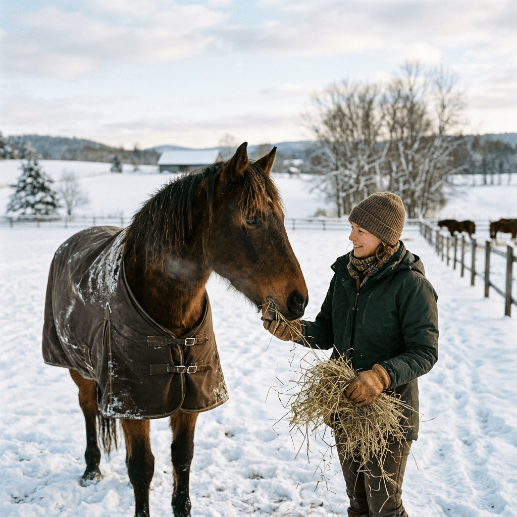 Person feeding hay to a brown horse wearing a blanket in a snowy field